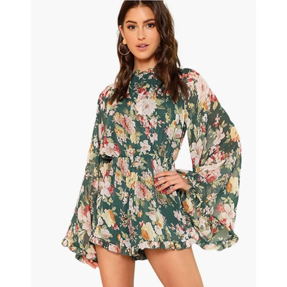 Green Floral Print Chiffon Ruffle Long Flare Bell Sleeve Romper Playsuit Dress‎